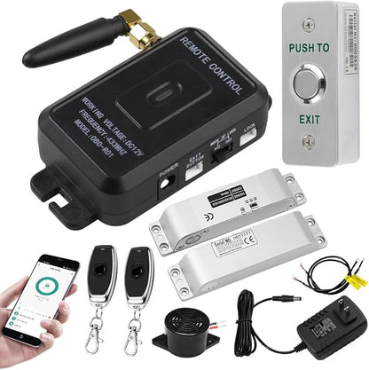 HERNAS Smart Phone APP Unlocking Access Control System Kit, with Remote Controllers/Electric Mortise Lock/Power Adapter/Metal Shell Exit Button, Lock Delay Time Adjustable