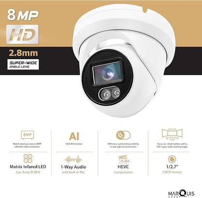Marquis 8MP PoE IP Turret Dome Camera with Microphone/Audio, IP Security Camera Outdoor Rated, 98ft IR Night Vision, Waterproof IP66, 108° Wide Angle 2.8mm Lens