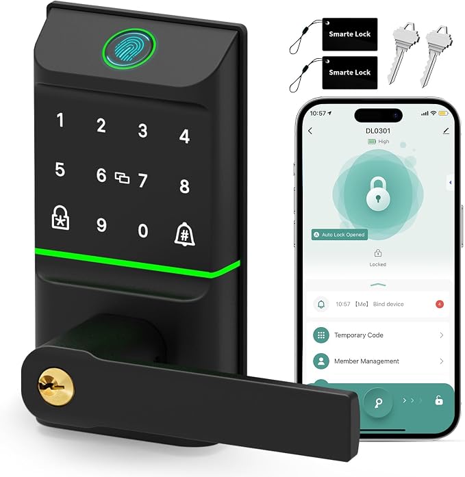 Smart Door Lock Keyless Entry, 6-in-1 Biometric Deadbolt w/Fingerprint, Keypad, IC Card, APP, Key, Type-C Charging, IP65 Waterproof, Bluetooth, Doorbell & Auto-Lock for Front Door Home Security