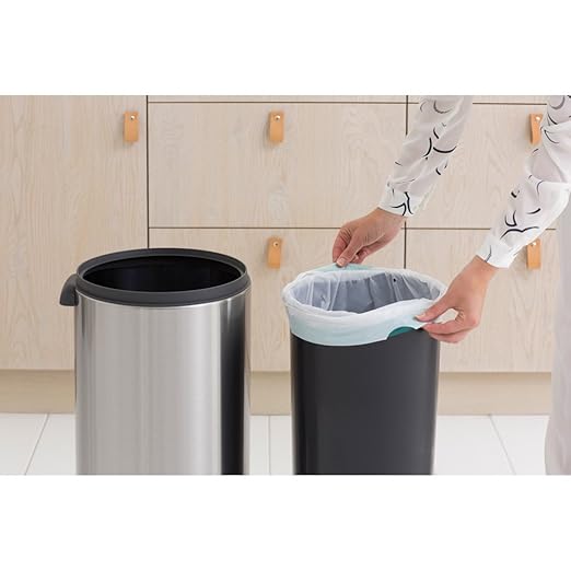 Brabantia Press-Top Kitchen Trash Can | Steel/Black | 8 Gallon / 30L | Home Trash Can with Soft-Touch Stay-Open Lid & Removable Inner Bucket | + Trash Bags