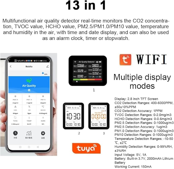 Air Quality Monitor Indoor, 13-in-1 with WiFi Air Quality Tester for CO2 TVOC HCHO PM2.5 PM1.0 PM10 Temperature Humidity More, LED Display Home Air Quality Tester Analyzer (Black)