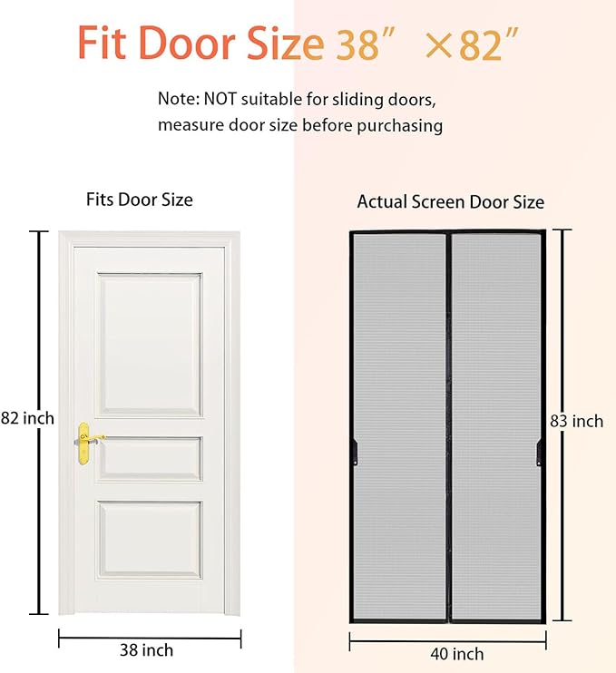 FEGO Magnetic Screen Door Fit Door Size:38"x82", Screen Itself Size 40"x83", Enjoy Breeze, Hands Free Entry, Reinforced Fiberglass Mesh Anti-Tearing, Pet & Kid Friendly, Strong Magnets for Patio/Front