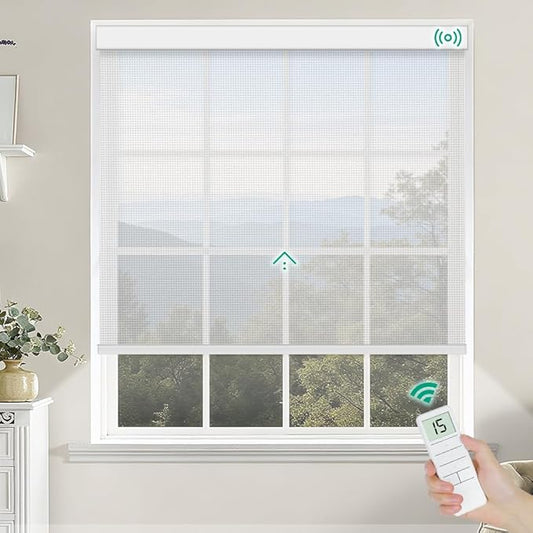 Motorized Roller Shades, Light Filtering Remote Control Custom Window Shades Compatible with Alexa Google Assistant via RF Hub, Rechargeable Electric Blinds for Windows (Fireproof White)