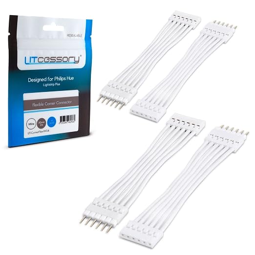 Litcessory Flexible Corner Connector for Philips Hue V3/WiZ Lightstrip | Standard 6-Pin, 2in, 4 Pack, White. Not compatible with Flux.