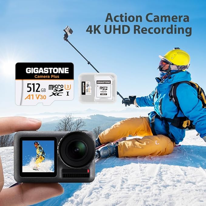 GIGASTONE 512GB Micro SD Card, Camera Plus, GoPro, Action Camera, A1 Run App for Smartphone, 100MB/s, 4K Video Recording, Micro SDXC UHS-I A1 U3 Class 10