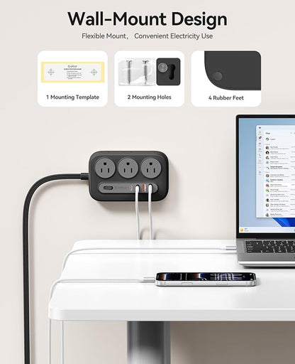 ORICO Surge Protector Power Strip, PD20W Multiple Outlets Extension Cord with 6 AC Outlets and 4 USB Charging Ports (2 USB-C), 45° Flat Plug, 5 Ft Mountable Outlet Extender for Home/Office/Dorm - OG