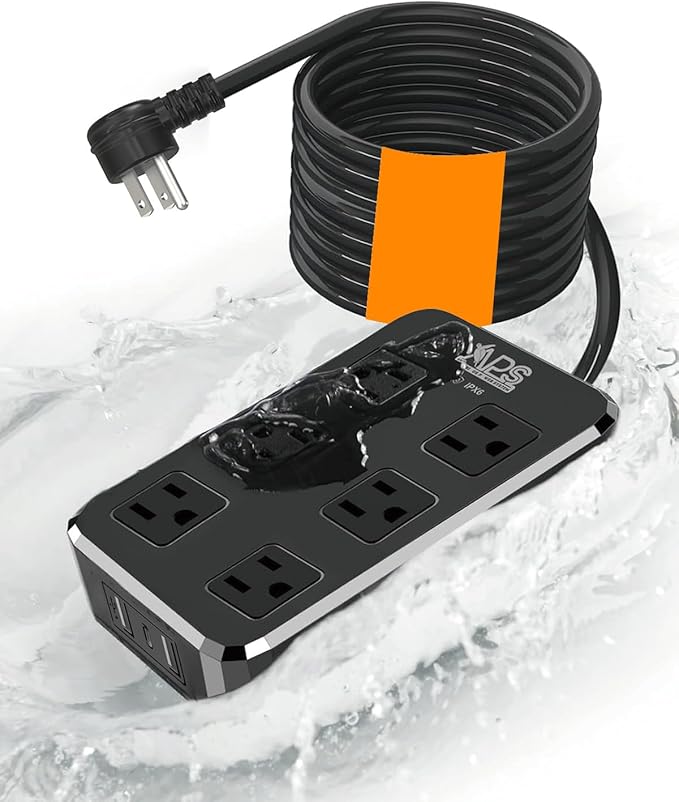 Qiyuan Outdoor Power Strip Weatherproof, 6 Outlet 3 USB 10FT Extension Cord