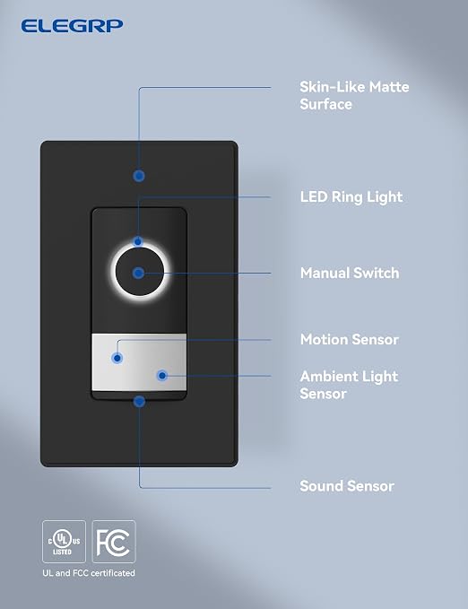 ELEGRP Smart Motion Sensor Switch, 2.4GHz Wi-Fi 3 Way Light Switch Compatible with Alexa & Google Assistant, APP Remote Control, Neutral Wire Required, UL Certified, No Hub Required (Black, 2 Pack)