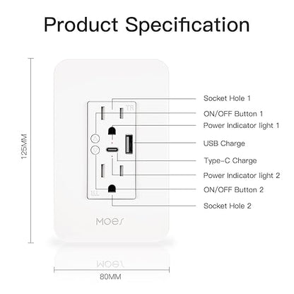 MOES Smart USB Wall Outlet Receptacle with Type-C & Type-A Charger, 2.4GHz Wi-Fi in-Wall Plug Socket 4 Pack, Remote Individual Control On/Off 15Amp, No Hub Required