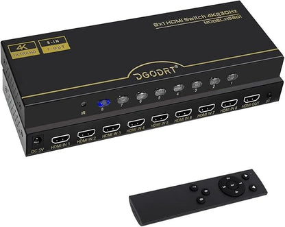 DGODRT 8×1 HDMI Switch 8 in 1 Out, 8 Port 4K HDMI Switcher Selector Box with IR Remote Control, Support 4K@30Hz Ultra HDR HDCP 3D 1080P for Xbox PS4 PC Laptop