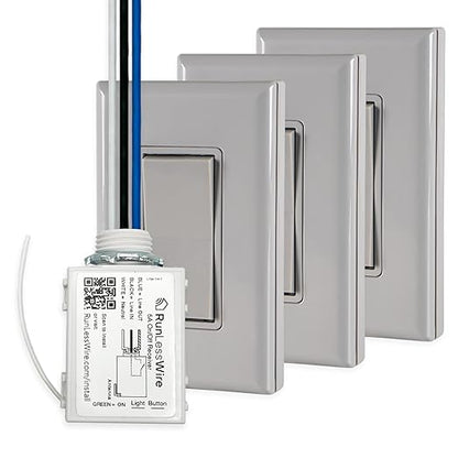 RunLessWire 4-Way Battery-Free DIY Wireless Light Switch Kit 150ft RF Range Self-Powered by Kinetic Energy for Hallways & Stairways: 3 Remote Switches Control 1 5A On/Off Receiver Gray