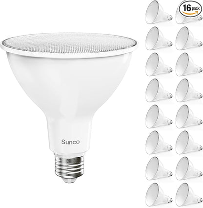 Sunco 16 Pack Outdoor Flood Light Bulb, Waterproof PAR38 LED, Patio Driveway, 5000K Daylight Dimmable, 100W Equivalent 13W, Exterior, Wet-Rated, 1050 Lumens, E26 Base, Backyard Garage Yard, UL