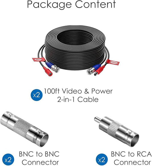 ZOSI 2 Pack 100ft(30M) All-in-One Video Power Cables,BNC Extension Security Camera Cable for CCTV Surveillance Camera DVR System With 2 x BNC&RCA Connector