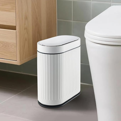 ELPHECO Bathroom Trash Can 2 Gallon Plastic Smart Garbage Can Waterproof Wastebasket Bathroom Decor Narrow Garbage Bin with Automatic lid for Bedroom, Kitchen, Office, White Black