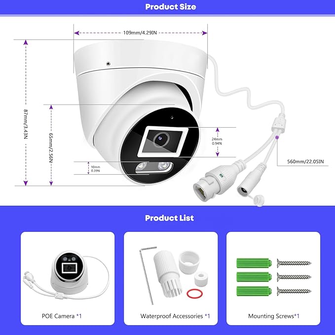 Eyessys HD 4K 8MP IP Turret Dome Camera Color Night PoE with Microphone(Audio), 24/7 Full Time Smart Dual Light LED, Weatherproof IP67 Indoor Outdoor 2.8mm Wide Angle Lens Compatible with NVR/RTSP
