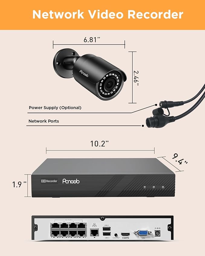 8 Channel Security Camera System, 8X 5MP Wired Outdoor Surveillance IP PoE Bullet Cameras with AI Human Detection, Remote Access, Built-in Mic/Audio, 4K 8CH PoE NVR 2TB HDD, PB37F30808-5M