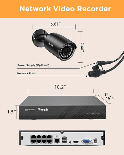 8 Channel Security Camera System, 8X 5MP Wired Outdoor Surveillance IP PoE Bullet Cameras with AI Human Detection, Remote Access, Built-in Mic/Audio, 4K 8CH PoE NVR 2TB HDD, PB37F30808-5M