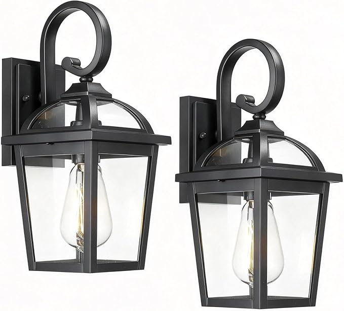 Front Porch Lights Outdoor Wall Lights Exterior Wall Sconce, Black Exterior Light Fixtures with Clear Glass, Farmhouse Outdoor Lighting Fixtures for House Front Door Garage Patio, Set of 2