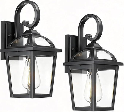 Front Porch Lights Outdoor Wall Lights Exterior Wall Sconce, Black Exterior Light Fixtures with Clear Glass, Farmhouse Outdoor Lighting Fixtures for House Front Door Garage Patio, Set of 2