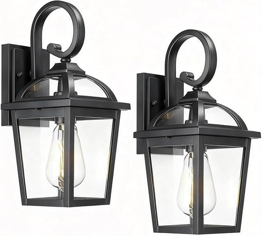 Front Porch Lights Outdoor Wall Lights Exterior Wall Sconce, Black Exterior Light Fixtures with Clear Glass, Farmhouse Outdoor Lighting Fixtures for House Front Door Garage Patio, Set of 2