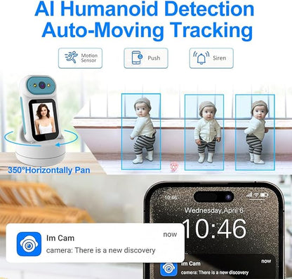 Video Calling Handheld Security Camera Indoor,Nanny Camera Baby Camera Pet Camera,2-Way Video Call 350°Pan Cameras for Home Security,Move Tracking,Alarm Push 1080P 2.8inch Screen,Night Vision