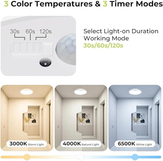 hepside Motion Sensor Ceiling Light Wired, 3000K/4000K/6500K LED Flush Mount Ceiling Light Fixture, 8.7Inch 18W Motion Sensor Light with Timer for Closet Stair Porch Hallway Pantry,White