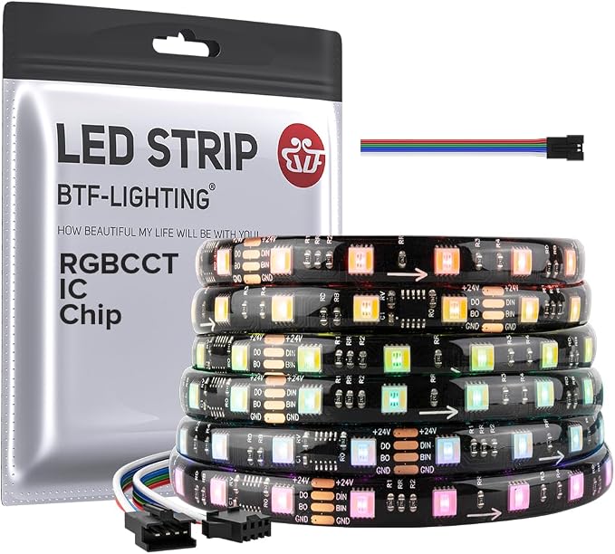 BTF-LIGHTING WS2805 IC RGBCCT UL Listed 16.4FT 60LED/m 10Pixel/m DC24V IP65 | Addressable Dual Data LED Strip 5050SMD 5 Colors in 1 Chasing Color RGB+CCT 3000K-6500K(No Adapter or Controller)