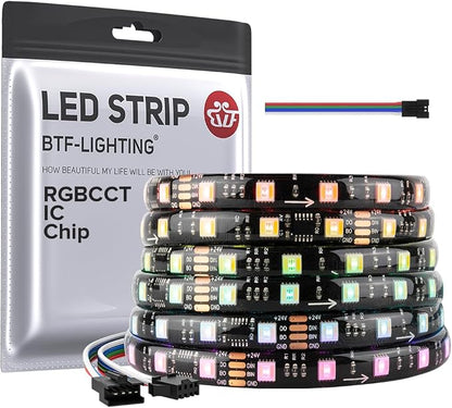 BTF-LIGHTING WS2805 IC RGBCCT UL Listed 16.4FT 60LED/m 10Pixel/m DC24V IP65 | Addressable Dual Data LED Strip 5050SMD 5 Colors in 1 Chasing Color RGB+CCT 3000K-6500K(No Adapter or Controller)