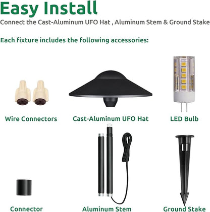 Lumina Lighting® Low Voltage Landscape Lighting Cast-Aluminum Path and Area Light Warm White 3W G4 LED Bulb and ABS Ground Stake Included for Yard Walkway Lawn PAL0108-BkLED10 (Black,10-Pack)