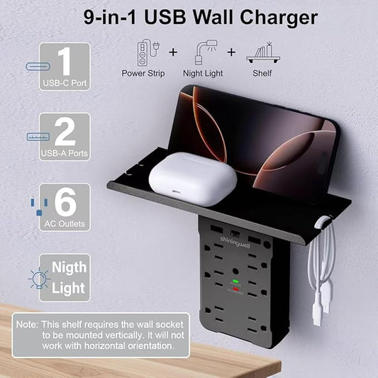 Wall Outlet Extender with Shelf and Night Light, Surge Protector with 3 USB Ports (2A+1C) and 6 AC Outlets, Multi Plug Power Strip Electric Outlet Splitter for Home and Office Use, Black