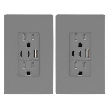 TOPGREENER 4.2A 3-Port Type C USB Outlet, 15 Amp Receptacle Plug, Charging Power Outlet with Dual Type C&A Ports, Screwless Wall Plate Included, UL Listed, TU21542AC2-GYSID, Gray, 2 Pack