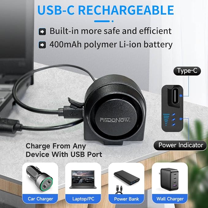 PADONOW Wireless Remote Bike Alarm: 115dB Super Loud Bicycle Vibration Motion Sensor Siren Anti Theft Security System Motorcycle Alarm Waterproof USB-C Rechargeable Multipurpose Vehicle Alert Device