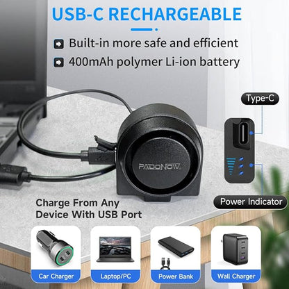 PADONOW Wireless Remote Bike Alarm: 115dB Super Loud Bicycle Vibration Motion Sensor Siren Anti Theft Security System Motorcycle Alarm Waterproof USB-C Rechargeable Multipurpose Vehicle Alert Device