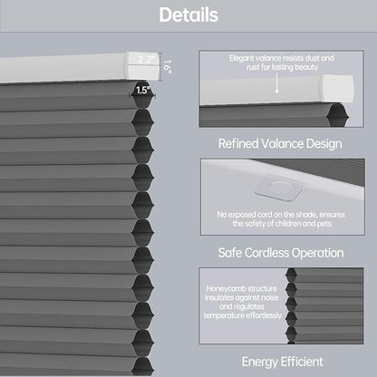 Cellular Shades Blackout Honeycomb Blinds for Indoor Windows, Cordless Cellular Shades 1.5 inch Cell Pleated for Bedroom Home Office, Custom Size, Blackout Light Grey