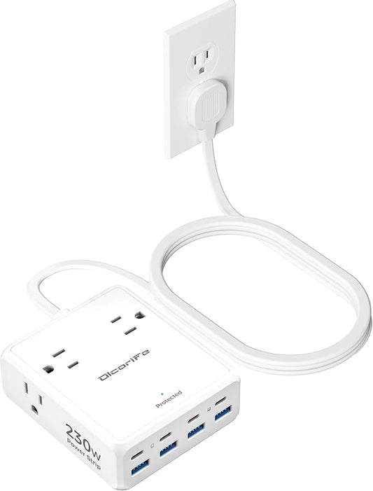 Olcorife 230W USB Power Strip, Ultra Thin Flat Plug Extension Cord 5FT, 4 AC Outlets 8 USB Ports(4 USB-C&4 USB A), 2000J Surge Protector, Home Office Dorm Travel Essentials