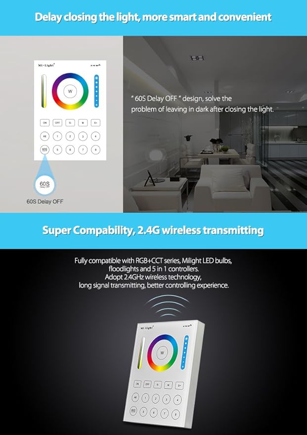 LGIDTECH B8 Miboxer 8-Zone RGB+CCT Wall Mounted Panel Controller Powered by AAA Batteries for RGB+CCT LED Bulb,Downlight,Flood Light,Controller(Except 8W,FUT037,038,039)