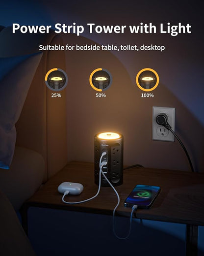 AnnTane Power Strip Tower with Night Light, Power Strip Surge Protector with USB Ports, Extension Cord 10 FT with Multiple Outlets (12AC+3A+2C) for Home Office Desk DormRoom (Black)