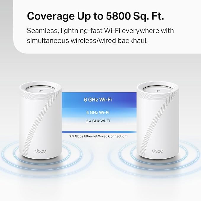 TP-Link Deco 7 Pro BE63 Tri-Band WiFi 7 BE10000 Whole Home Mesh System- 6-Stream 10 Gbps, 4x2.5G Ports Wired Backhaul, 4X Smart Internal Antennas, VPN, HomeShield, Free Expert Support (2-Pack)