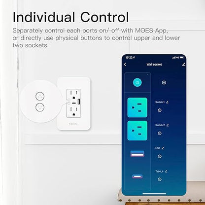 MOES Smart Wall Outlet 2 Pack, with USB C Ports, 2.4GHz WiFi in-Wall Socket Plug, Compatible with Alexa Ggoole Assistant, S