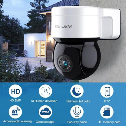 PTZ Security Camera, Wireless WiFi 2K HD, 355 Pan 90 Tilt, Night Vision, IP66 Waterproof/Home Indoor and Outdoor Security Surveillance, AI Auto Tracking, Spotlight & Siren, Motion Detection