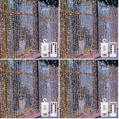 echosari Curtain Lights Battery Operated, 9.8Ft x 9.8ft 300 LED Curtain String Light with Remote Timer 8 Modes Hanging Lights for Wedding Party Home Garden Wall Decor (Cool White) (Pack of 4)
