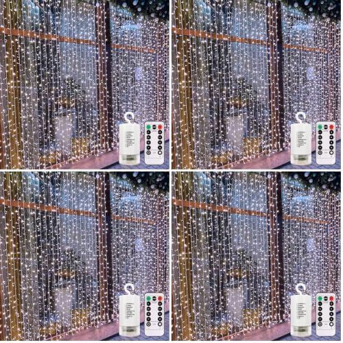 echosari Curtain Lights Battery Operated, 9.8Ft x 9.8ft 300 LED Curtain String Light with Remote Timer 8 Modes Hanging Lights for Wedding Party Home Garden Wall Decor (Cool White) (Pack of 4)
