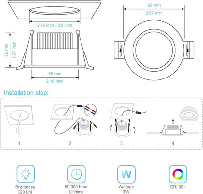 2 Inch LED Downlight, 3W Recessed Lighting Dimmable Ceiling Light Kit, 5000K Daylight White, CRI80 Black Recessed Lights with LED Driver(35W Halogen Equivalent), 6 Pack