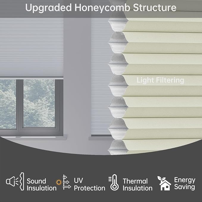 Cellular Shades Light Filtering Honeycomb Blinds for Indoor Windows, Cordless Cellular Shades 1.5 inch Cell Pleated for Bedroom Home Office, Custom Size, Half Shading Cream