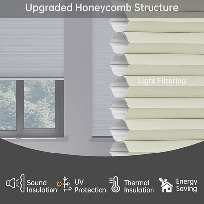 Cellular Shades Light Filtering Honeycomb Blinds for Indoor Windows, Cordless Cellular Shades 1.5 inch Cell Pleated for Bedroom Home Office, Custom Size, Half Shading Cream