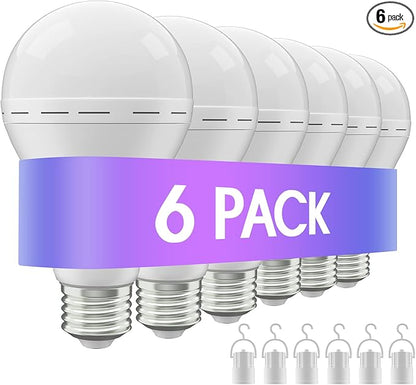 Emergency Rechargeable Led Light Bulb with Hook,Stay Lights Up When Power Failure, 1500mAh 12W 60W Equivalent LED Light Bulbs for Home, Camping, Hiking, 6 Pack