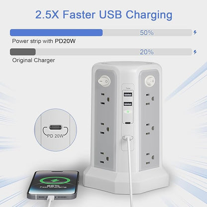 Long Extension Cord 10FT 1625W|13A with Multiple Outlets, Surge Protector Power Strip Tower with 4 USB(2 USB C) Ports, Flat Plug 1800J Overload Protection for Home Office DormRoom Essentials