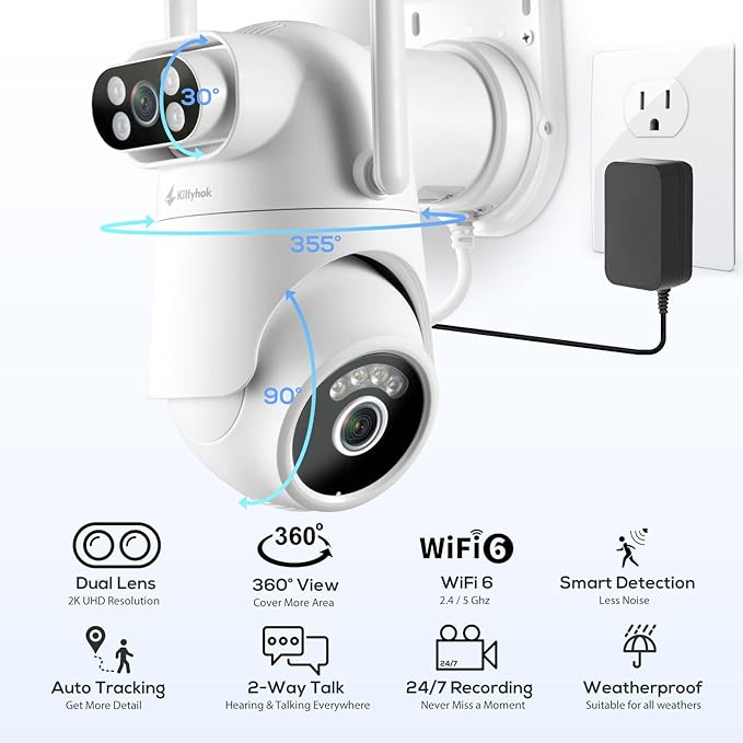 Home Security Camera System Wireless, Dual Lens 2K Security Cameras Wireless Outdoor with 2.4/5GHz WiFi, 360° PTZ, Auto Tracking, Motion Detection, Night Vision, 2-Way Audio, 10CH NVR with 500GB HDD