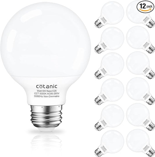 Cotanic 5000K Daylight LED Globe Light Bulbs, E26 Standard Base, 5W(60 Watt Equivalent Incandescent Replacement), 500LM, Non-Dimmable, 12 Pack Bathroom G25 Vanity Light Bulb