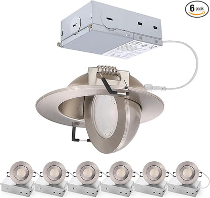 POPANU Brushed Nickel 3 inch Recessed LED Lights, 7W 5CCT Gimbal Artwork Soffit Lighting Fixture, 360° Rotatable Swivel Spot Lights, Canless Dimmable Eyeball 90° Tilt, AC120V Fisheye 6 Pack Nickel